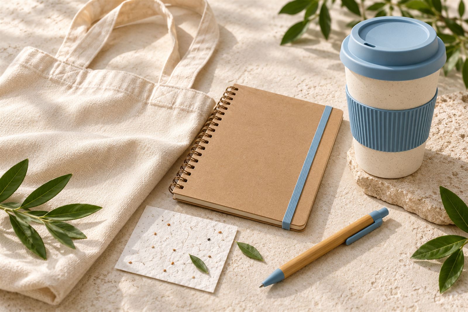 Bolsa de algodón, libreta de cartón, taza reutilizable y bolígrafo de bambú