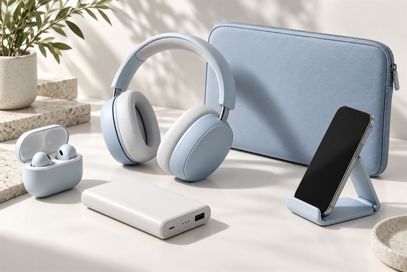 Auriculares, batería portátil, soporte para móvil y funda en tonos azules